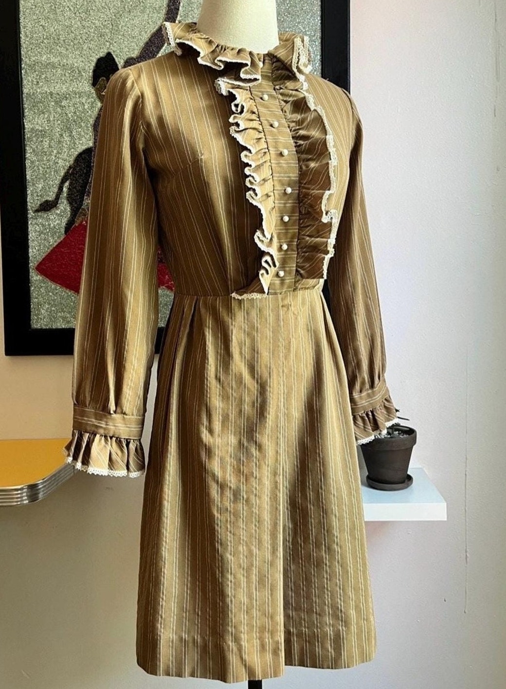Vintage 60s A Line Mini Dress | Khaki Pinstripe Lace Ruffle Puff Sleeve | Xs